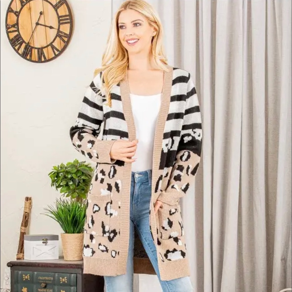NWT Stripe & Animal Open Cardigan Sweater with Pockets - Mocha
